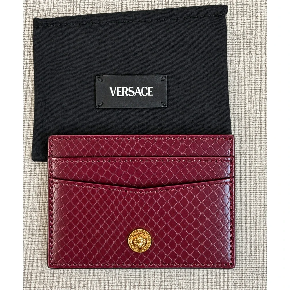 Versace Medusa Leather Card Holder Burgundy NWT Snake-Effect Full Set